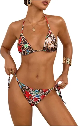 Verdusa Women's Y2K Bikini 2 Piece Cheetah Floral Swimsuit Halter Triangle Tie Side String Bikini Set