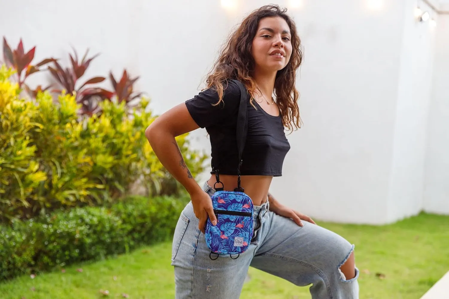 Vibe Festival Gear Small Crossbody Sling Bag for Women Men 5in1 Multi-Use from (rPET) Recycled Polyester Belt Bag Cross Body Backpack Fanny Pack Purse - Flamingoes