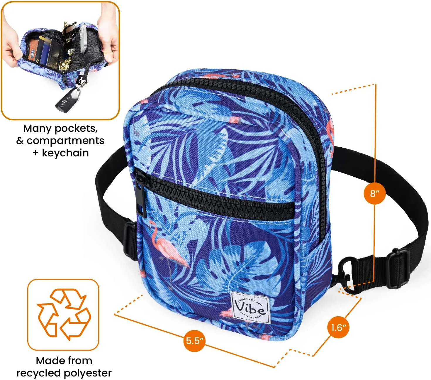 Vibe Festival Gear Small Crossbody Sling Bag for Women Men 5in1 Multi-Use from (rPET) Recycled Polyester Belt Bag Cross Body Backpack Fanny Pack Purse - Flamingoes