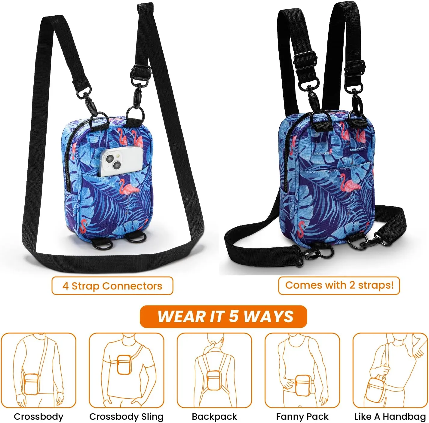 Vibe Festival Gear Small Crossbody Sling Bag for Women Men 5in1 Multi-Use from (rPET) Recycled Polyester Belt Bag Cross Body Backpack Fanny Pack Purse - Flamingoes