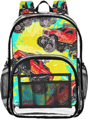 Vibrant Red Monster Trucks Tyre Clear Backpack Women Cute Kids Backpack Boys Girls Plastic See through Bookbag