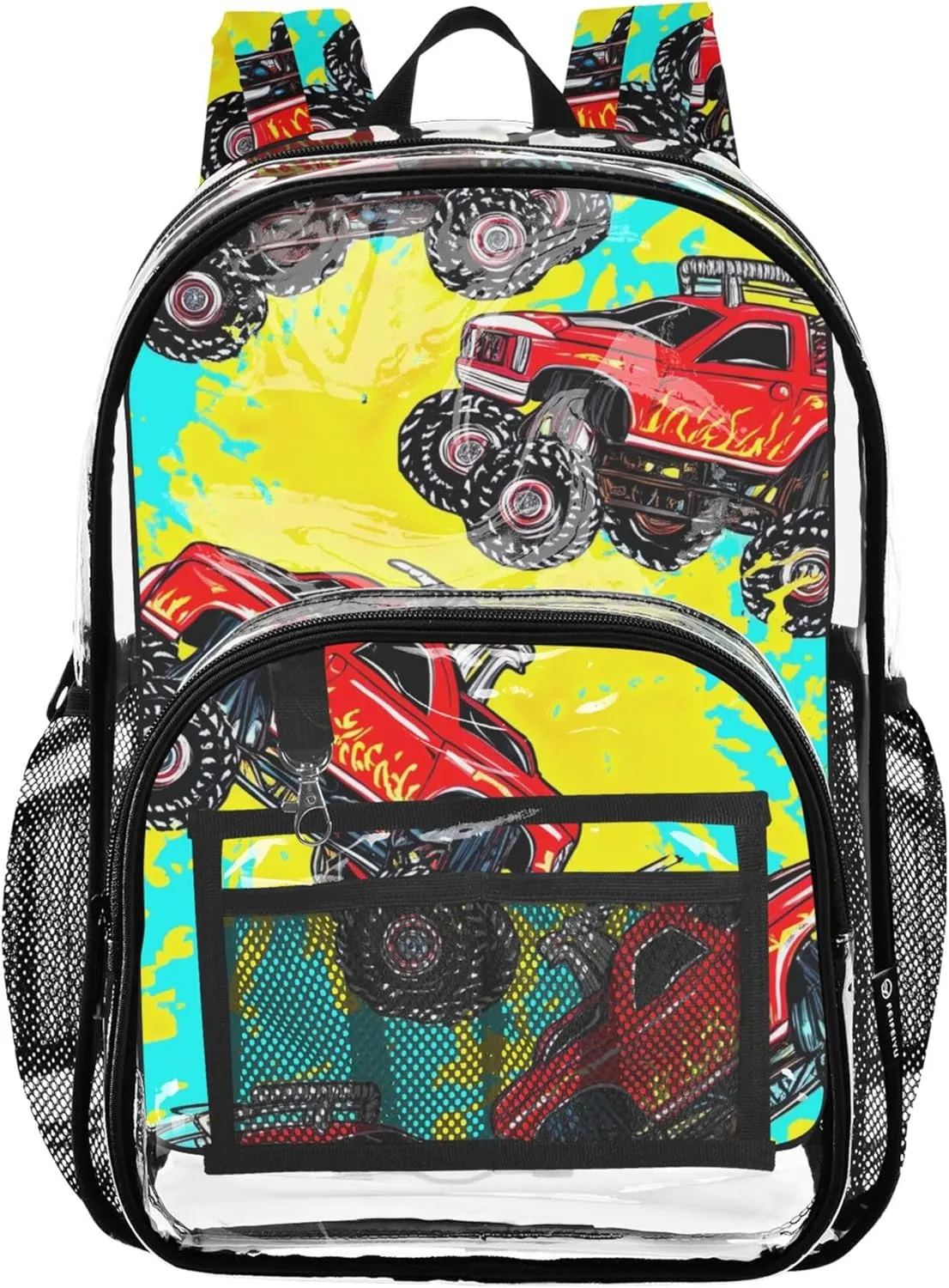 Vibrant Red Monster Trucks Tyre Clear Backpack Women Cute Kids Backpack Boys Girls Plastic See through Bookbag