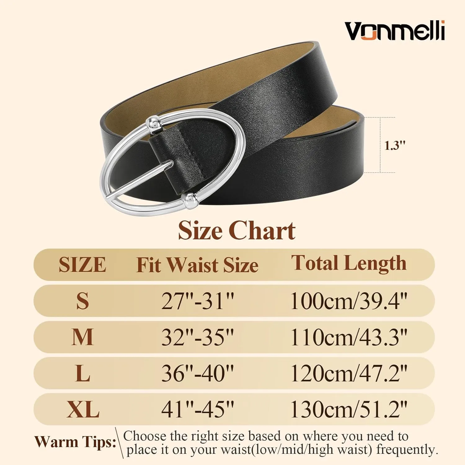 VONMELLI Leather Belts for Women, Women's Belts for Jeans Pants Fashion Ladies Dress Belt with Sliver Buckle