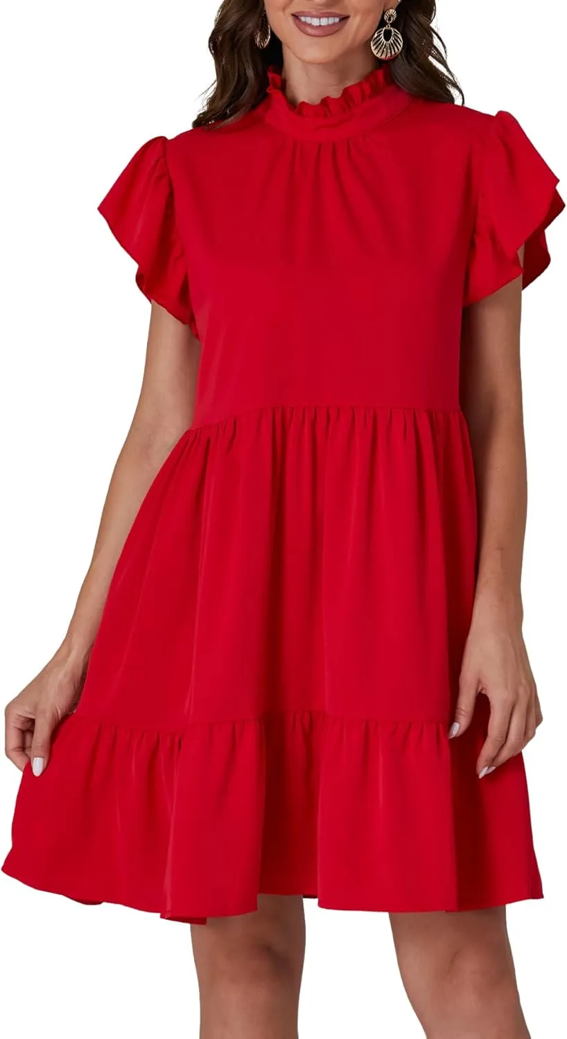 Vrtige Women's Frill Mock Neck Ruffle Cap Sleeve Flowy Hem A-Line Mini Short Dress
