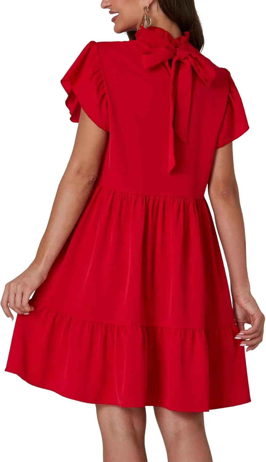 Vrtige Women's Frill Mock Neck Ruffle Cap Sleeve Flowy Hem A-Line Mini Short Dress