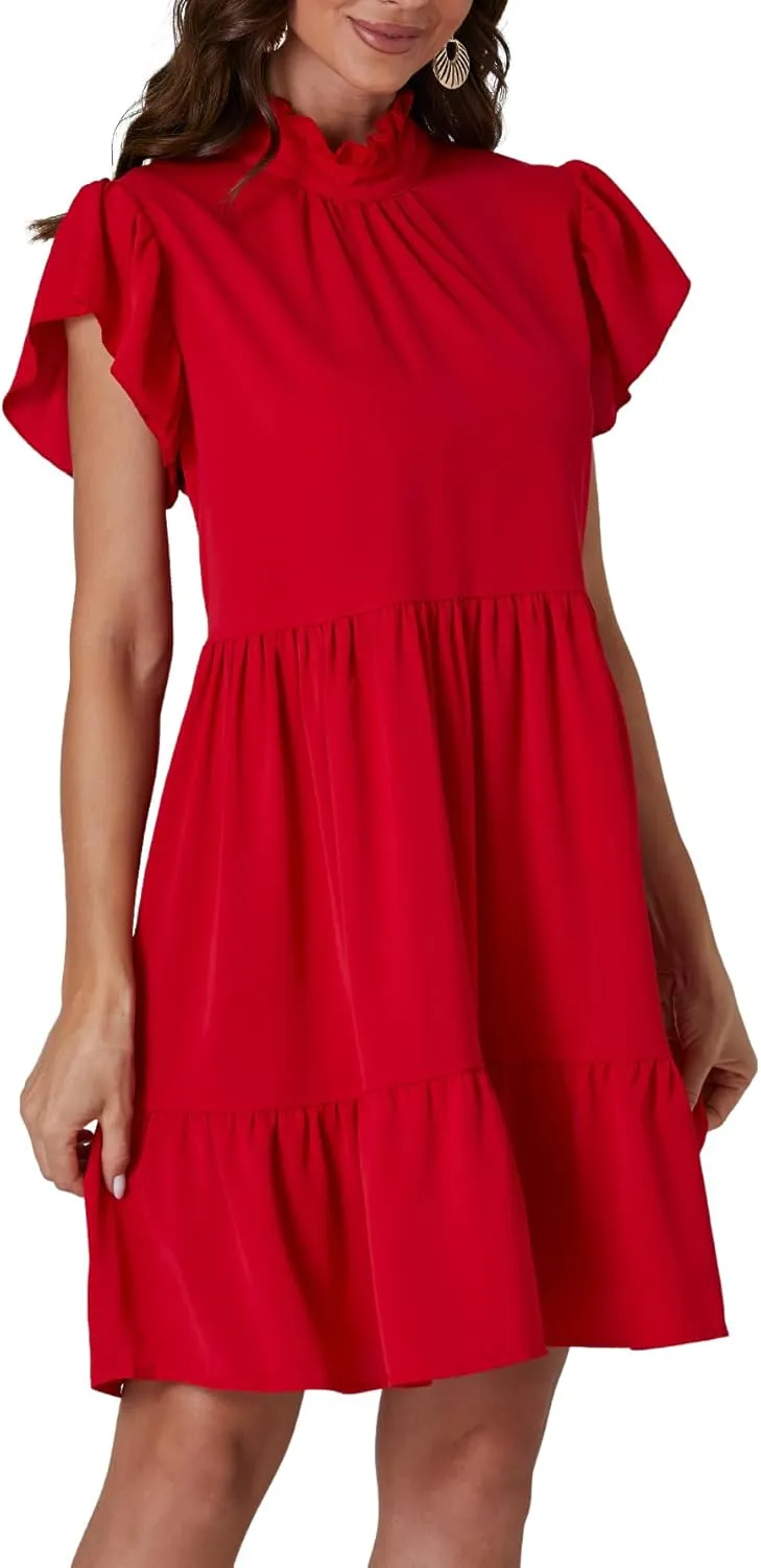 Vrtige Women's Frill Mock Neck Ruffle Cap Sleeve Flowy Hem A-Line Mini Short Dress