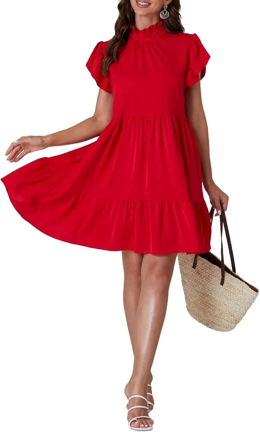 Vrtige Women's Frill Mock Neck Ruffle Cap Sleeve Flowy Hem A-Line Mini Short Dress