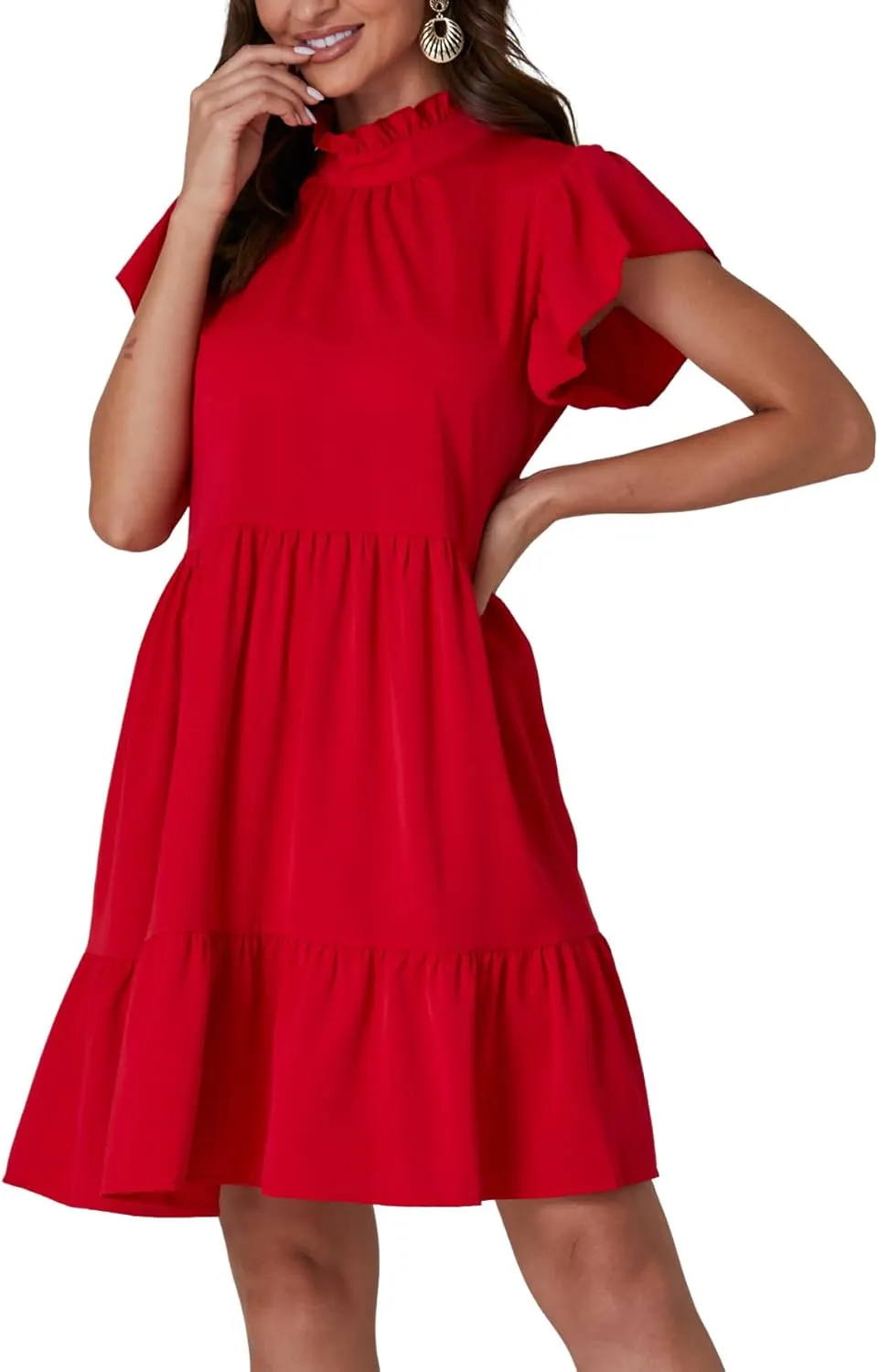 Vrtige Women's Frill Mock Neck Ruffle Cap Sleeve Flowy Hem A-Line Mini Short Dress