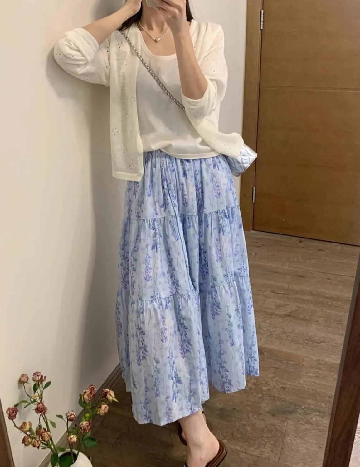 Wanzetaly Women's Floral Print Midi Skirt Summer Boho Pleated Skirt Elastic High Waist A-Line Flowy Skirts
