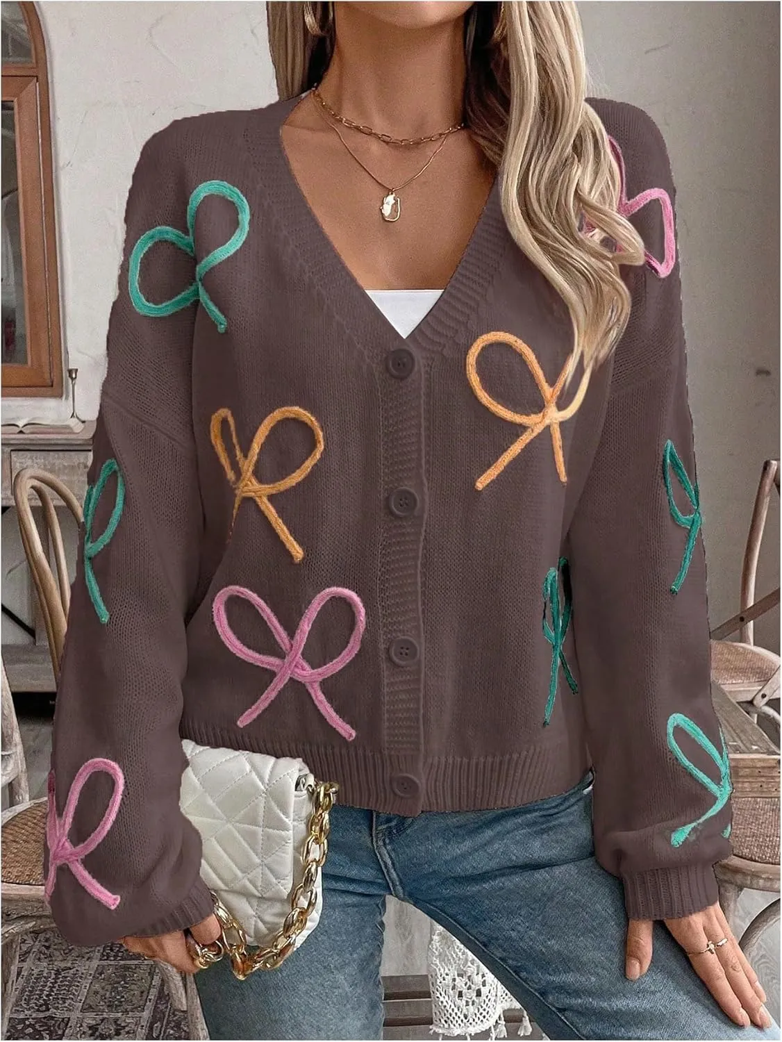 WDIRARA Women's Bow Button Down Cardigan V Neck Long Sleeve Drop Shoulder Knit Sweater