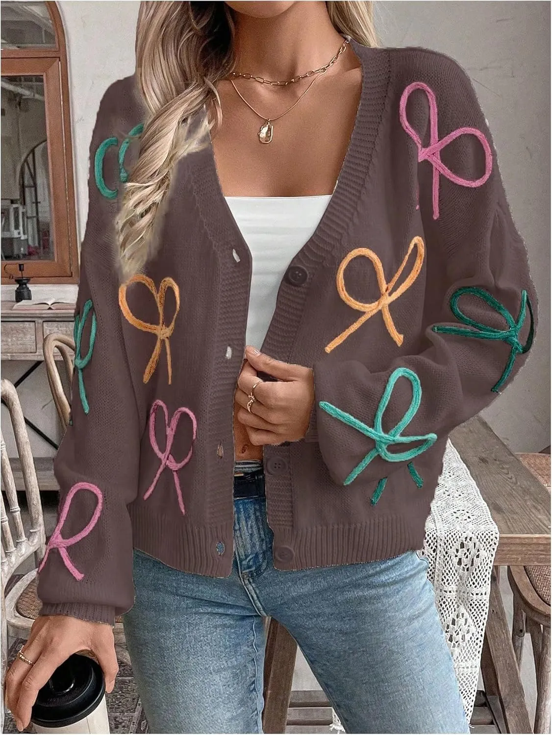 WDIRARA Women's Bow Button Down Cardigan V Neck Long Sleeve Drop Shoulder Knit Sweater