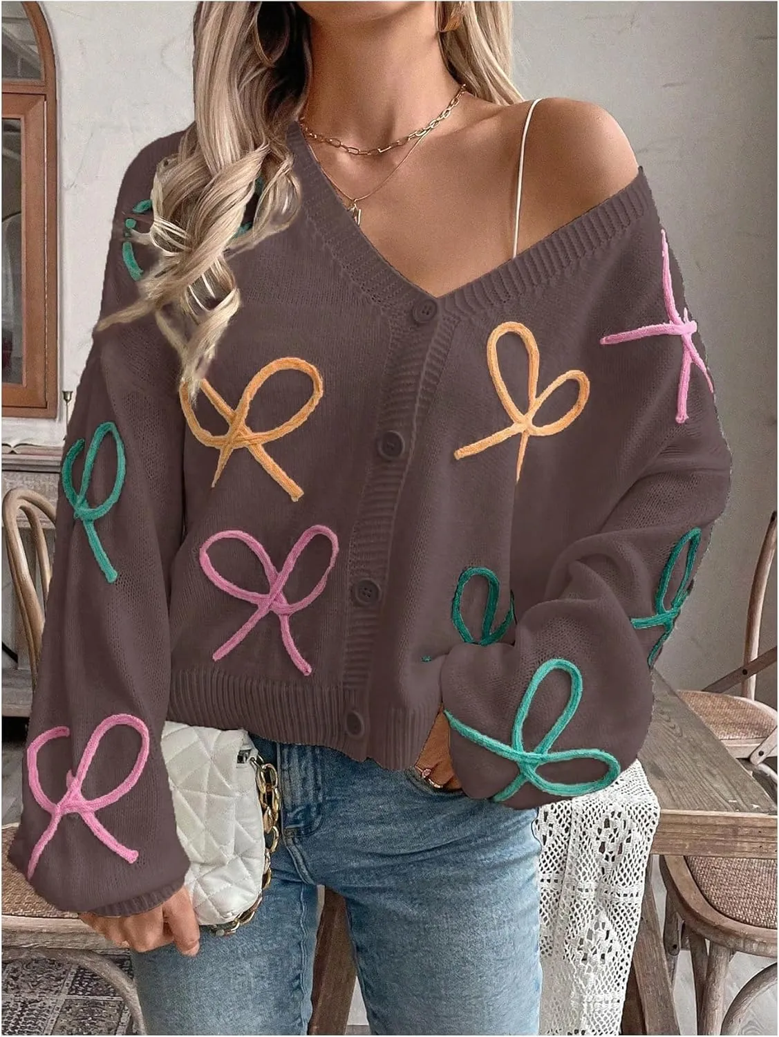 WDIRARA Women's Bow Button Down Cardigan V Neck Long Sleeve Drop Shoulder Knit Sweater