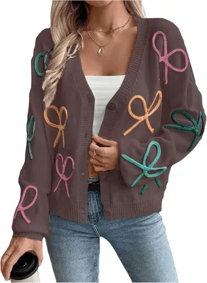 WDIRARA Women's Bow Button Down Cardigan V Neck Long Sleeve Drop Shoulder Knit Sweater