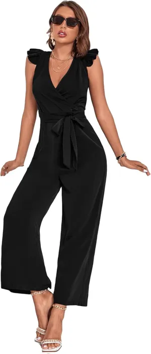 WDIRARA Women's Ruffle Butterfly Cap Sleeve Wrap V Neck Romper Belted Wide Leg Jumpsuit Pants