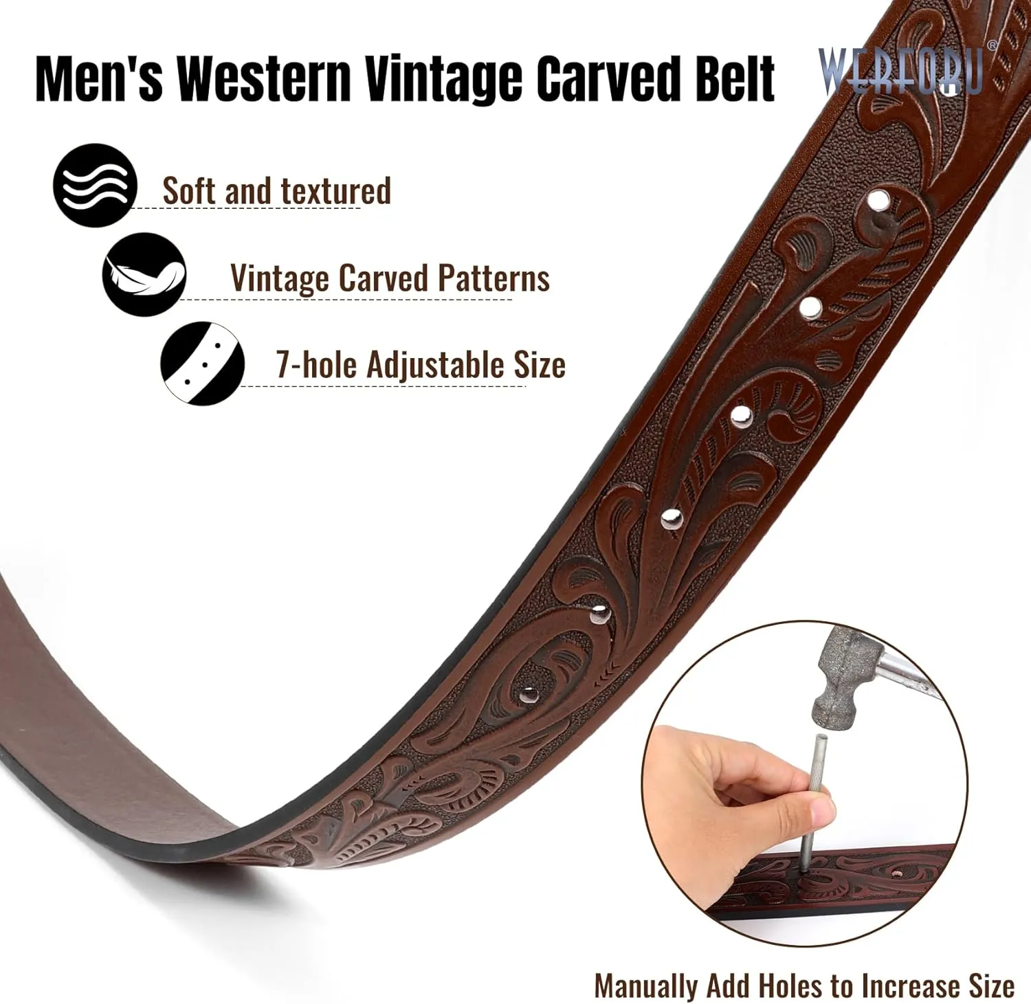 WERFORU Western Leather Belt Strap for Men Women Cowboy Western Belts without Buckle Men Western Leather Belt Jeans