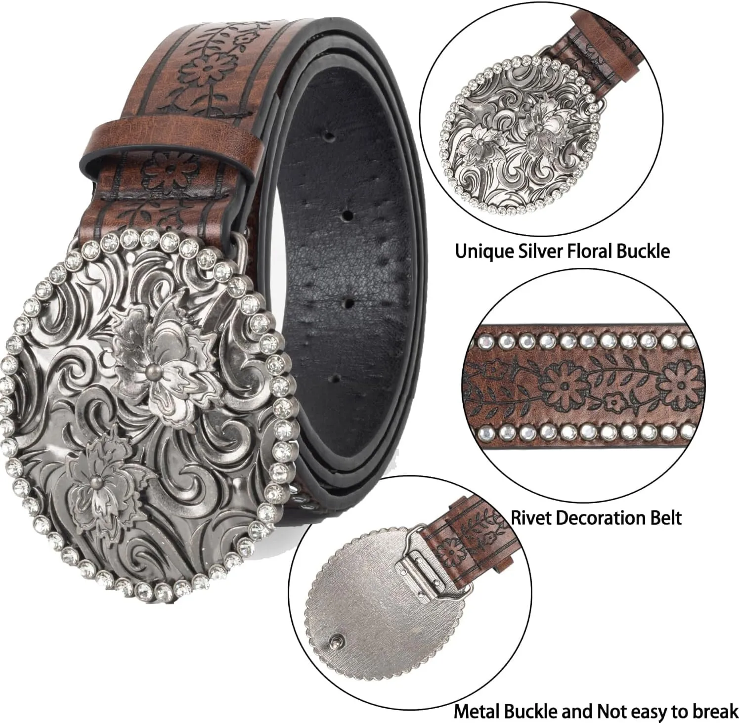 Western-Belts for Women, Men-Belt with Rhinestone Buckle-Belts, Turquoise Carved Pattern Western-Belts