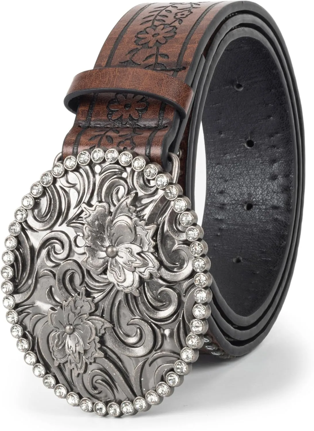 Western-Belts for Women, Men-Belt with Rhinestone Buckle-Belts, Turquoise Carved Pattern Western-Belts