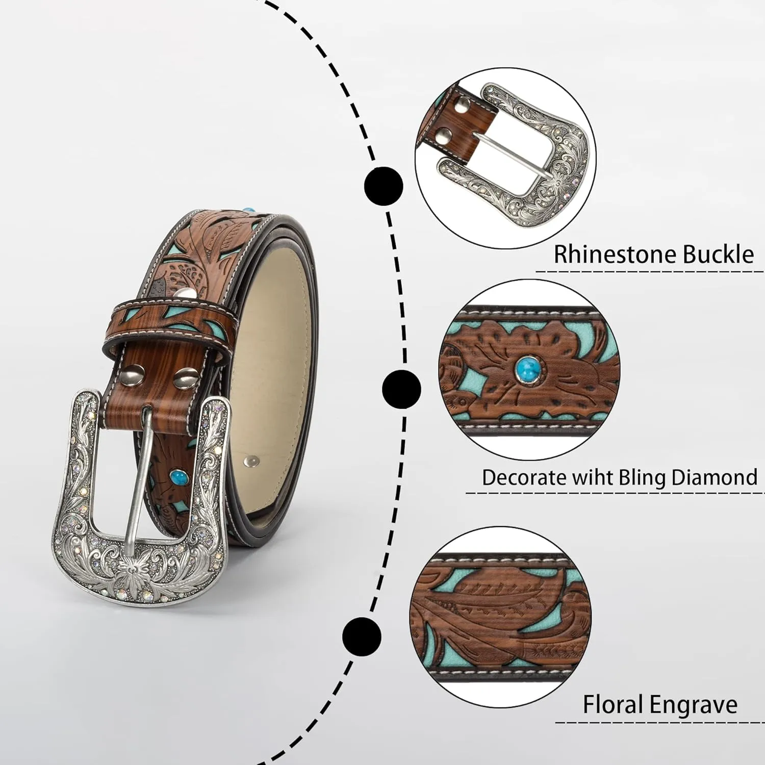 Western-Belts for Women, Men-Belt with Rhinestone Buckle-Belts, Turquoise Carved Pattern Western-Belts
