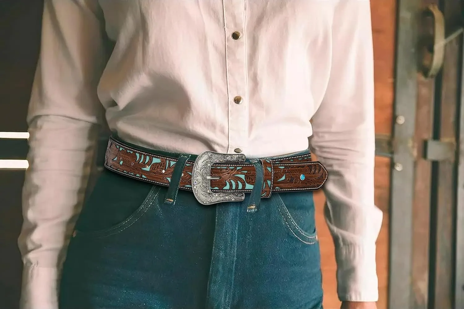 Western-Belts for Women, Men-Belt with Rhinestone Buckle-Belts, Turquoise Carved Pattern Western-Belts
