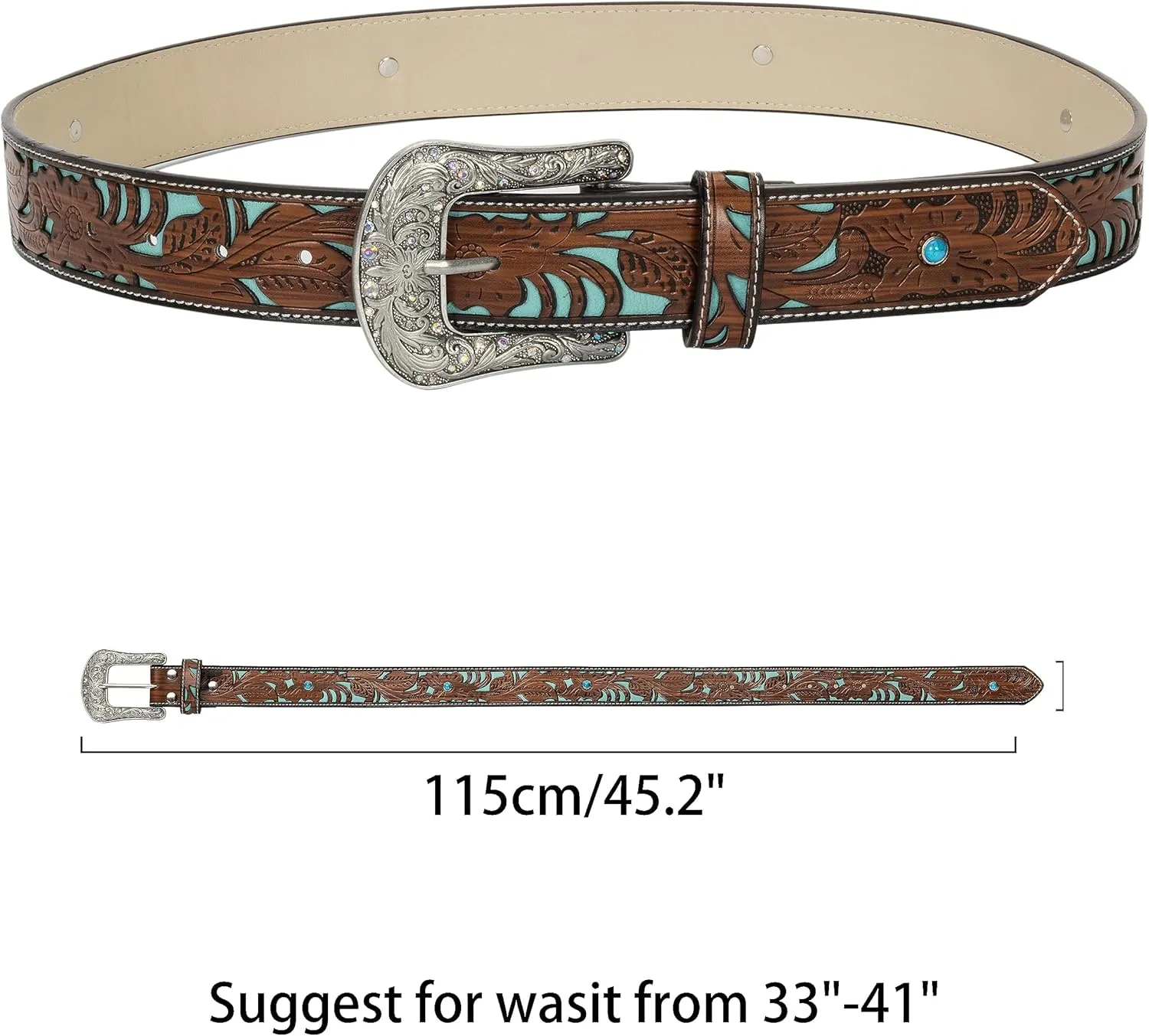 Western-Belts for Women, Men-Belt with Rhinestone Buckle-Belts, Turquoise Carved Pattern Western-Belts