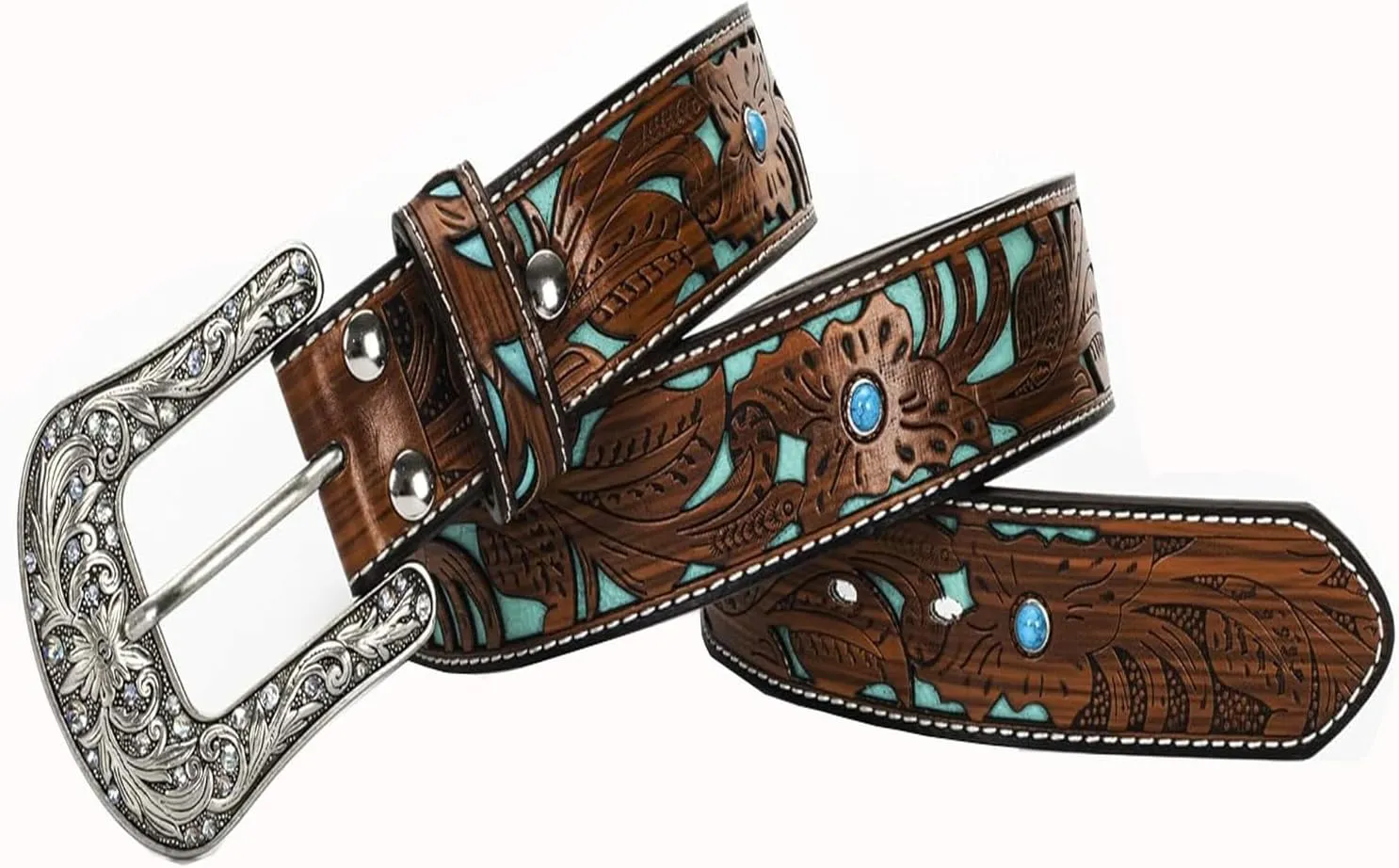 Western-Belts for Women, Men-Belt with Rhinestone Buckle-Belts, Turquoise Carved Pattern Western-Belts