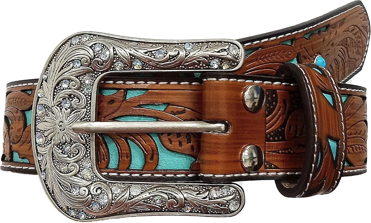 Western-Belts for Women, Men-Belt with Rhinestone Buckle-Belts, Turquoise Carved Pattern Western-Belts
