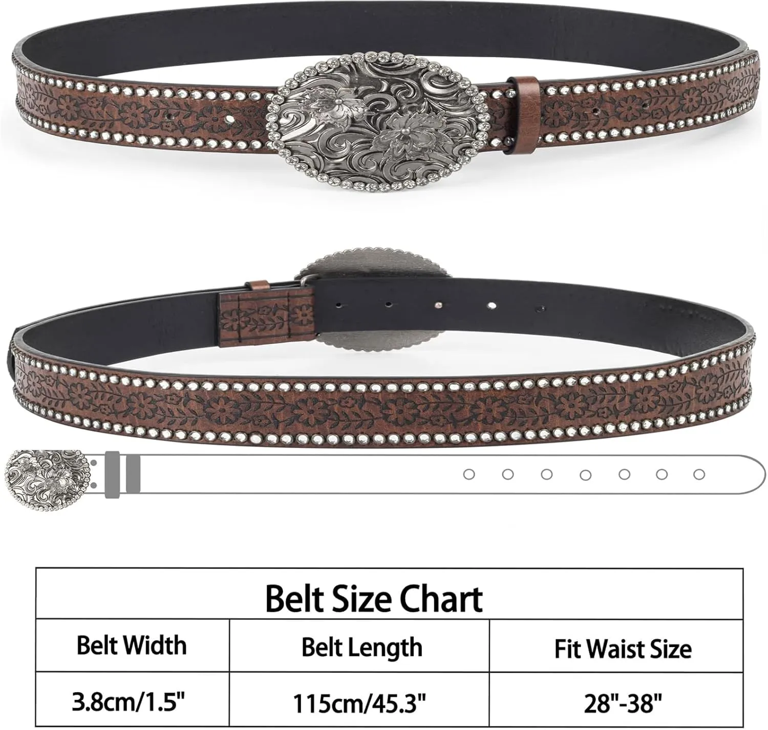 Western-Belts for Women, Men-Belt with Rhinestone Buckle-Belts, Turquoise Carved Pattern Western-Belts