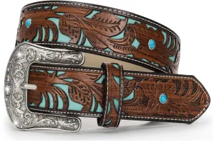 Western-Belts for Women, Men-Belt with Rhinestone Buckle-Belts, Turquoise Carved Pattern Western-Belts