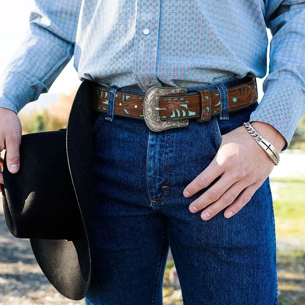 Western-Belts for Women, Men-Belt with Rhinestone Buckle-Belts, Turquoise Carved Pattern Western-Belts