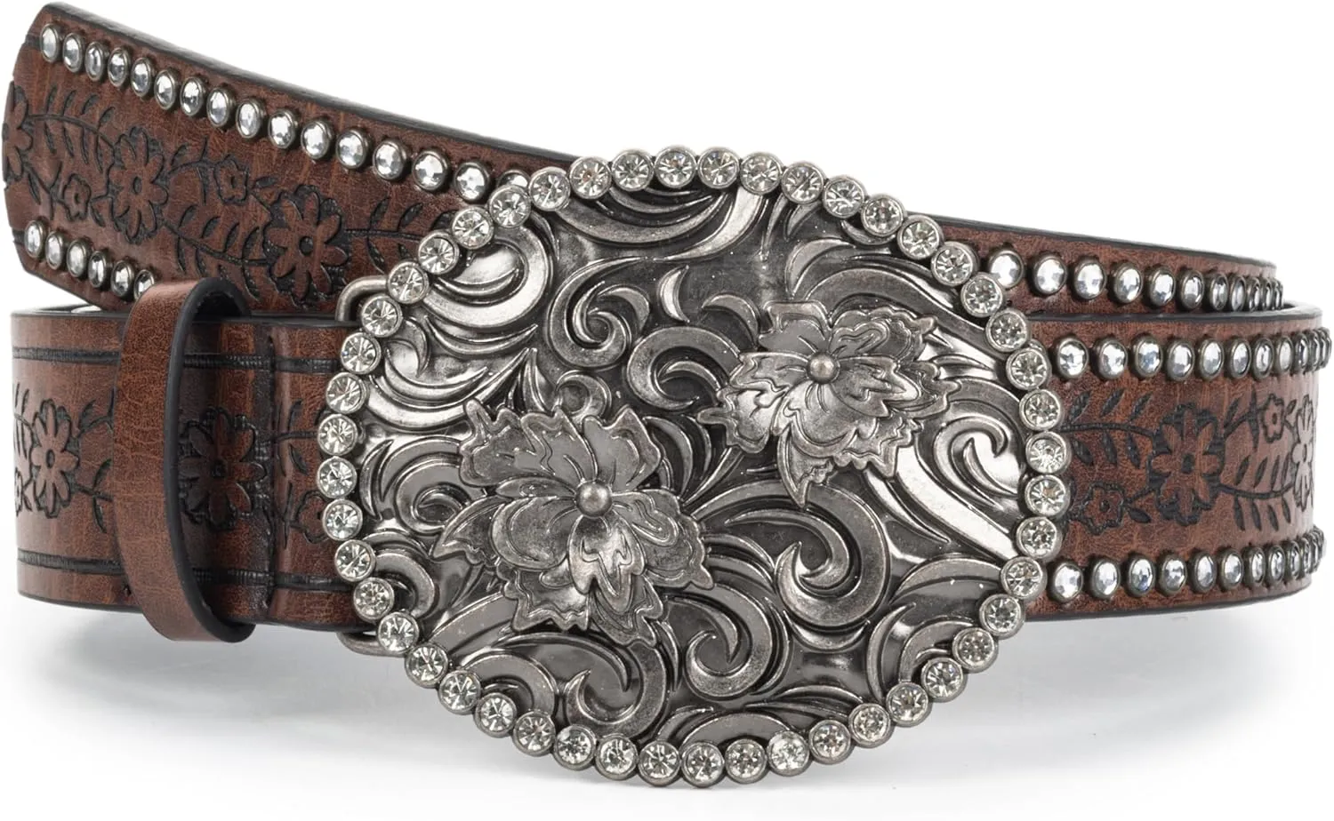 Western-Belts for Women, Men-Belt with Rhinestone Buckle-Belts, Turquoise Carved Pattern Western-Belts