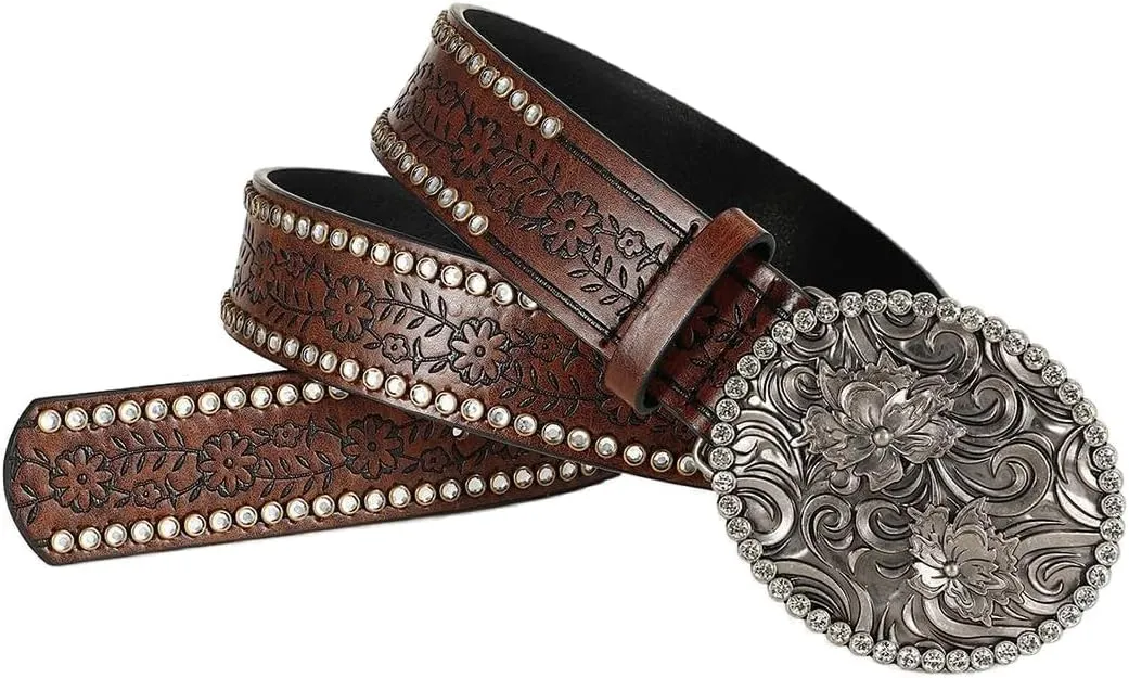 Western-Belts for Women, Men-Belt with Rhinestone Buckle-Belts, Turquoise Carved Pattern Western-Belts