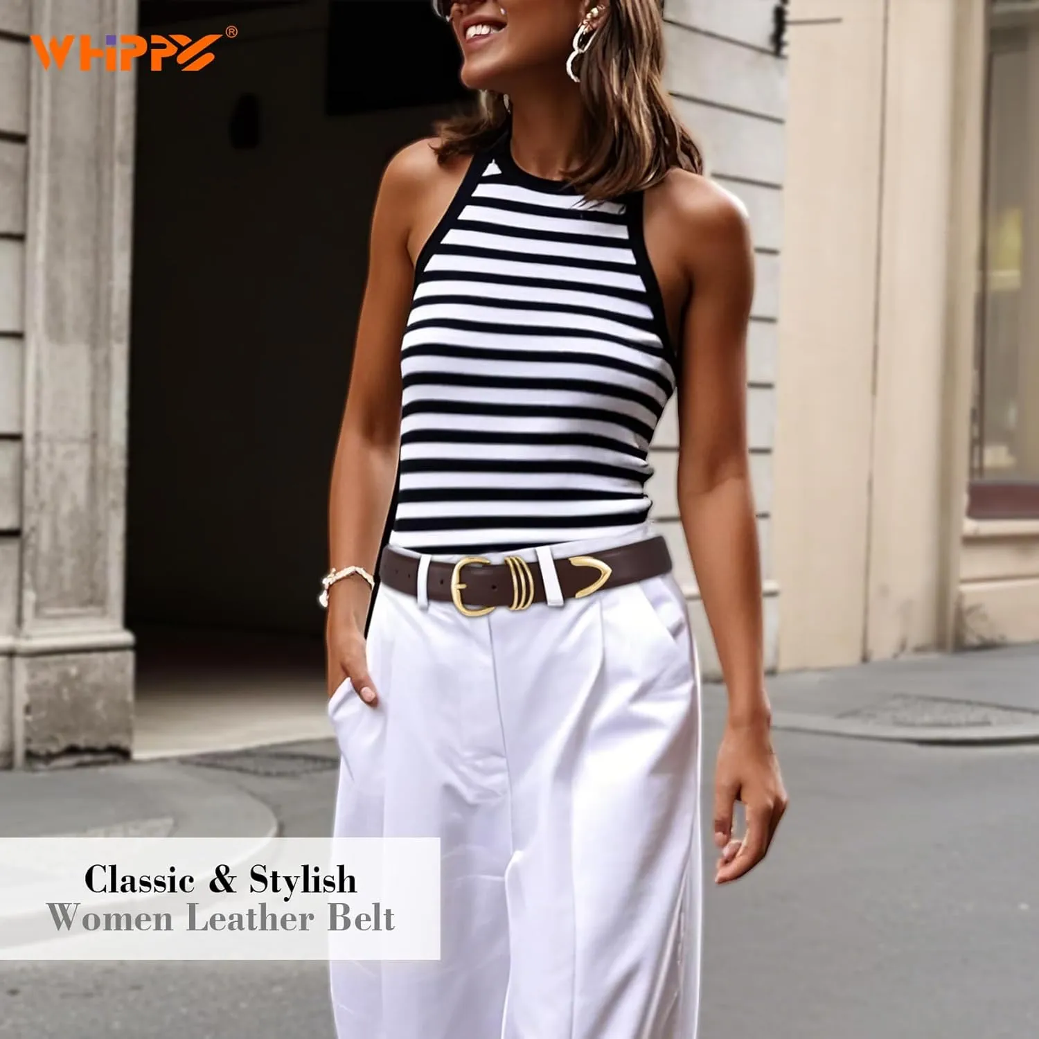WHIPPY Women Leather Belts for Jeans Pants Dress Fashion Gold Buckle Ladies Waist Belt Casual Women Belts