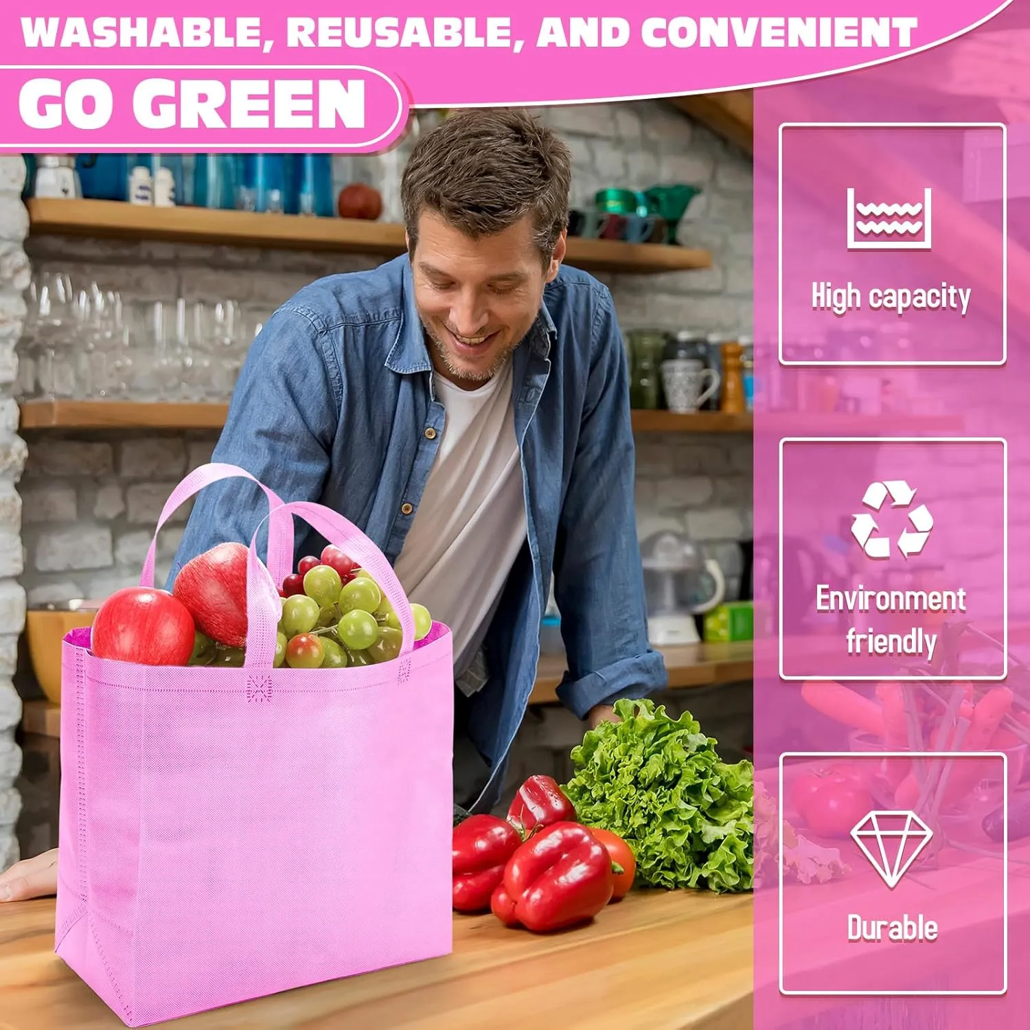 Windyun 200 Pcs Reusable Grocery Bags Large Non Woven Shopping Bags Foldable Portable Tote Carryall Bulk (Pink,12.6 x 11.8 x 6.3 Inches)