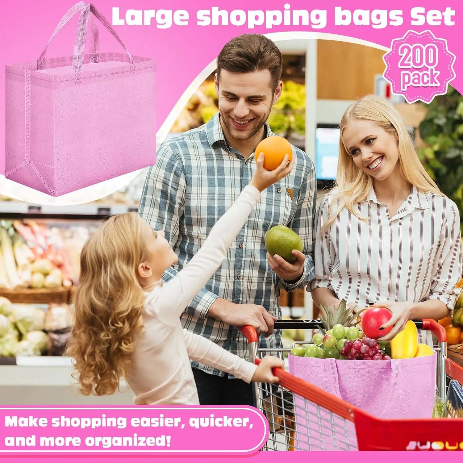 Windyun 200 Pcs Reusable Grocery Bags Large Non Woven Shopping Bags Foldable Portable Tote Carryall Bulk (Pink,12.6 x 11.8 x 6.3 Inches)