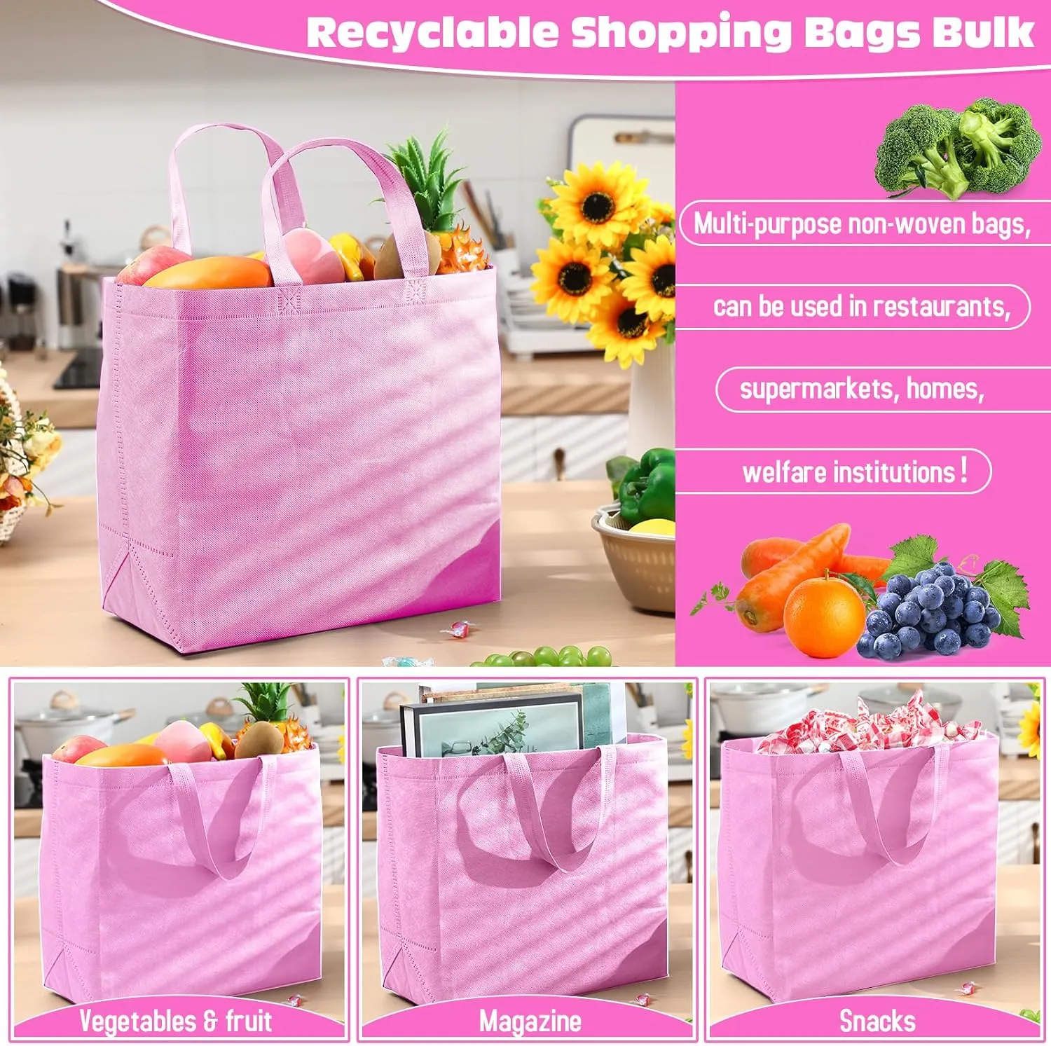 Windyun 200 Pcs Reusable Grocery Bags Large Non Woven Shopping Bags Foldable Portable Tote Carryall Bulk (Pink,12.6 x 11.8 x 6.3 Inches)
