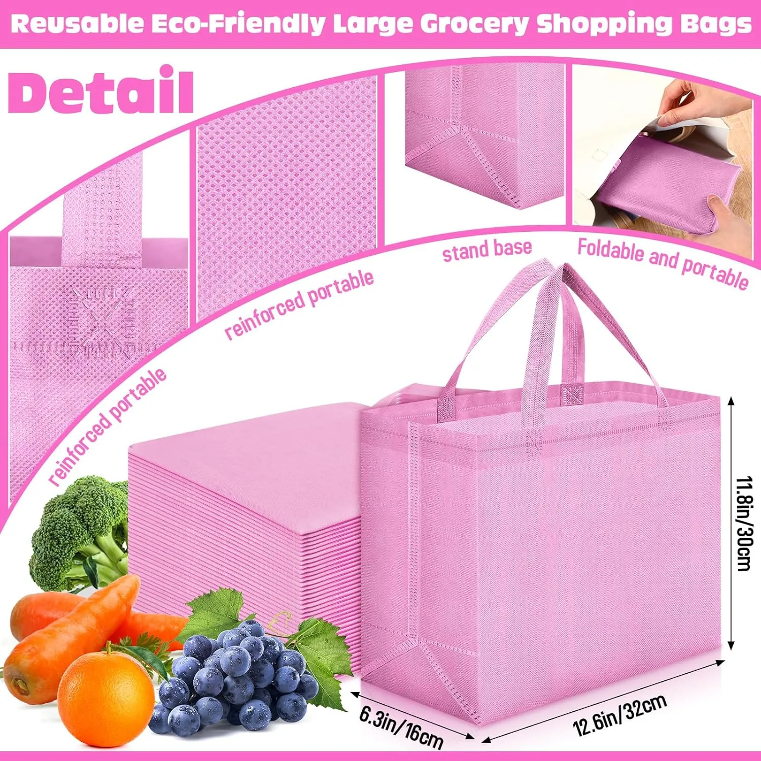 Windyun 200 Pcs Reusable Grocery Bags Large Non Woven Shopping Bags Foldable Portable Tote Carryall Bulk (Pink,12.6 x 11.8 x 6.3 Inches)