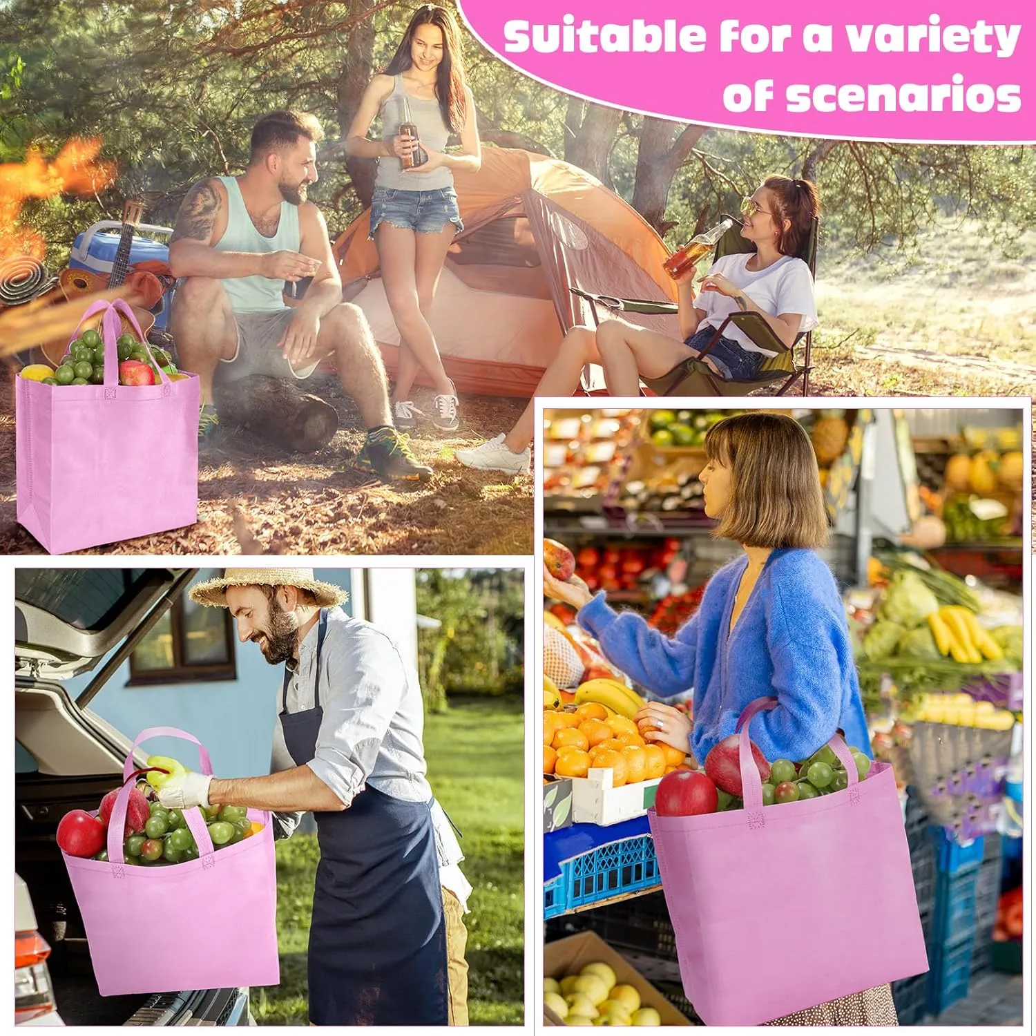 Windyun 200 Pcs Reusable Grocery Bags Large Non Woven Shopping Bags Foldable Portable Tote Carryall Bulk (Pink,12.6 x 11.8 x 6.3 Inches)