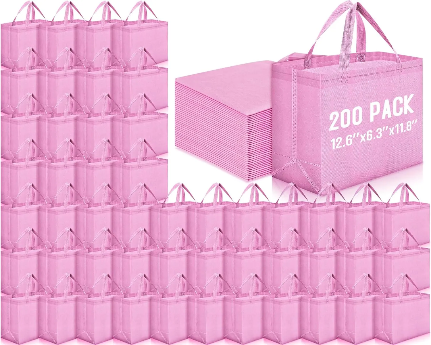 Windyun 200 Pcs Reusable Grocery Bags Large Non Woven Shopping Bags Foldable Portable Tote Carryall Bulk (Pink,12.6 x 11.8 x 6.3 Inches)