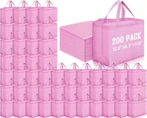 Windyun 200 Pcs Reusable Grocery Bags Large Non Woven Shopping Bags Foldable Portable Tote Carryall Bulk (Pink,12.6 x 11.8 x 6.3 Inches)