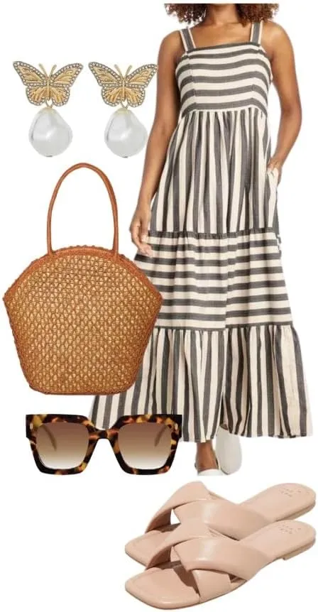 Womans 2024 Summer Striped Maxi Smocked Flowy Dress Tie Strap Sleeveless Casual Beach Sundress
