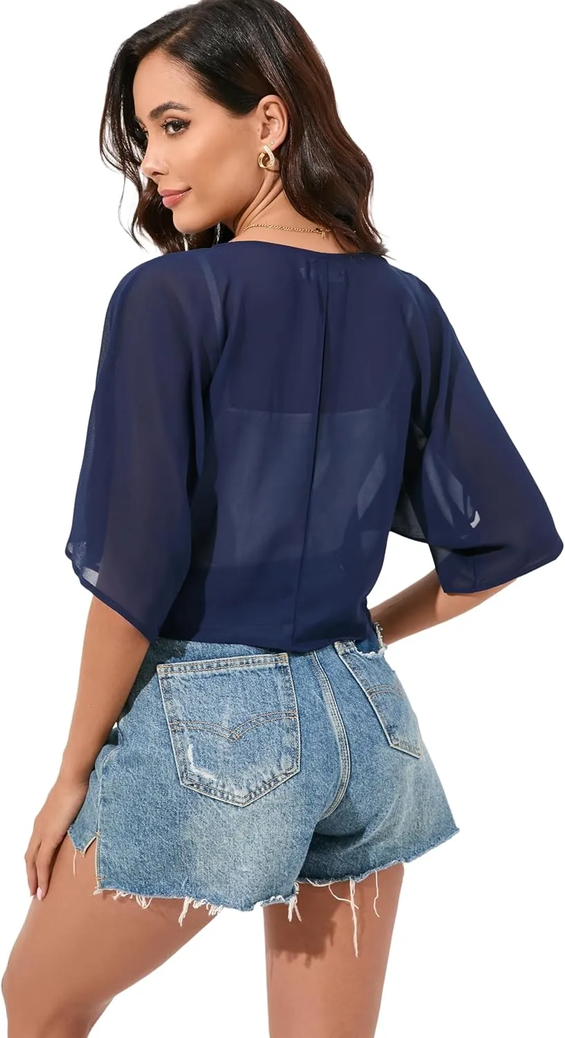 Women Bolero Shrug Chiffon Open Front 3/4 Sleeve Cropped Cardigan Lightweight Sheer Tops for Dress