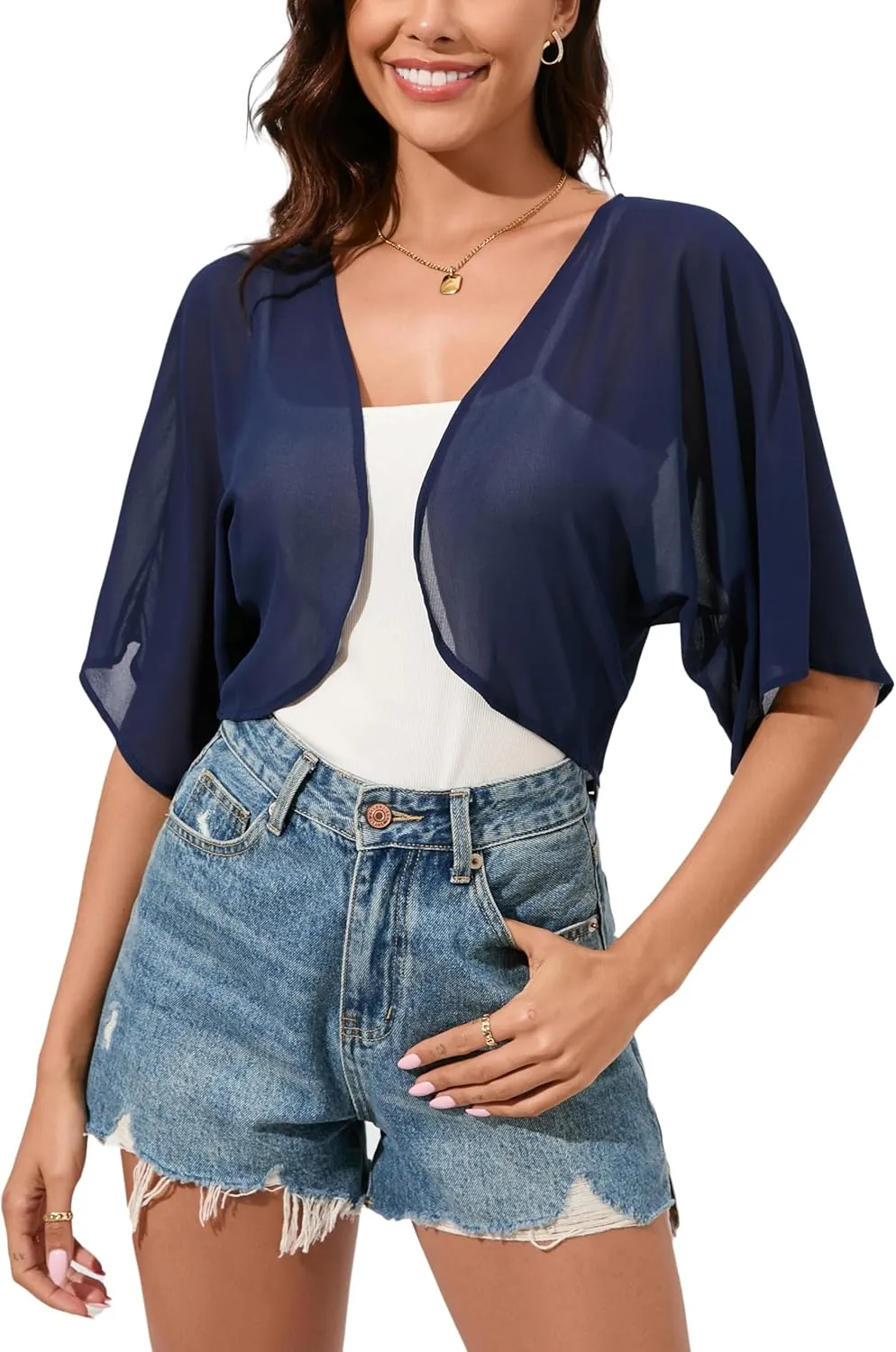 Women Bolero Shrug Chiffon Open Front 3/4 Sleeve Cropped Cardigan Lightweight Sheer Tops for Dress