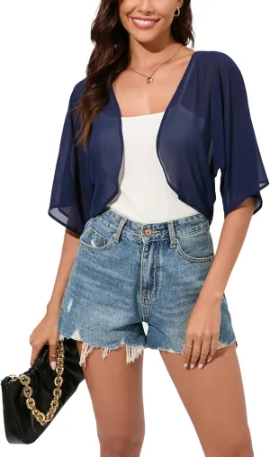 Women Bolero Shrug Chiffon Open Front 3/4 Sleeve Cropped Cardigan Lightweight Sheer Tops for Dress