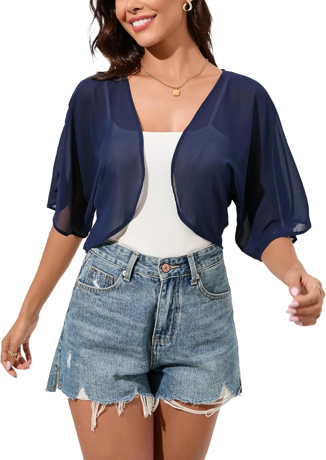 Women Bolero Shrug Chiffon Open Front 3/4 Sleeve Cropped Cardigan Lightweight Sheer Tops for Dress