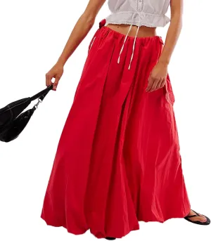 Women Bubble Maxi Skirt Casual Elastic Low Waist Flowy Summer Fashion A Line Long Skirt with Pocket
