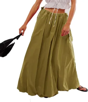 Women Bubble Maxi Skirt Casual Elastic Low Waist Flowy Summer Fashion A Line Long Skirt with Pocket