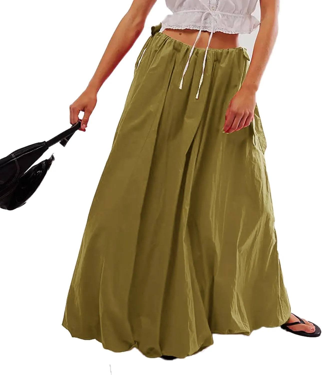 Women Bubble Maxi Skirt Casual Elastic Low Waist Flowy Summer Fashion A Line Long Skirt with Pocket