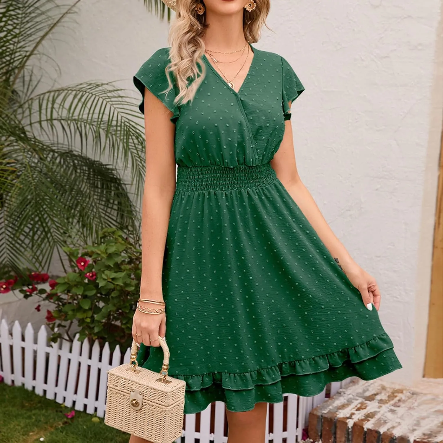Women Chiffon Summer Flowy Mini Dress Short Sleeve V Neck Swiss Dot Babydoll Dress Causal A Line Ruffle Layer Dress