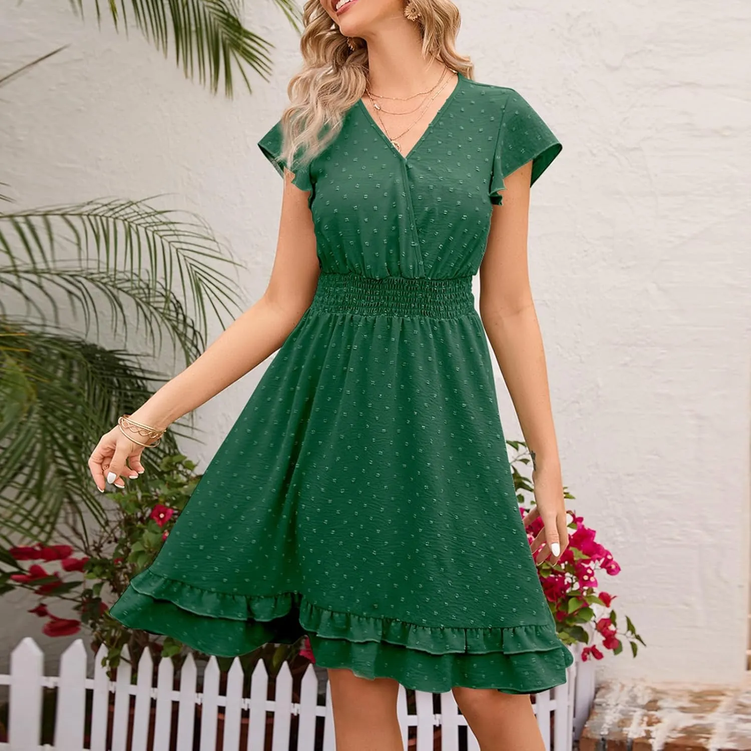 Women Chiffon Summer Flowy Mini Dress Short Sleeve V Neck Swiss Dot Babydoll Dress Causal A Line Ruffle Layer Dress
