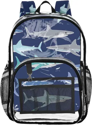 Women Clear Backpack Cute Cartoon Sharks Dark Blue Kids Backpack Boys Girls Plastic See through Bookbag